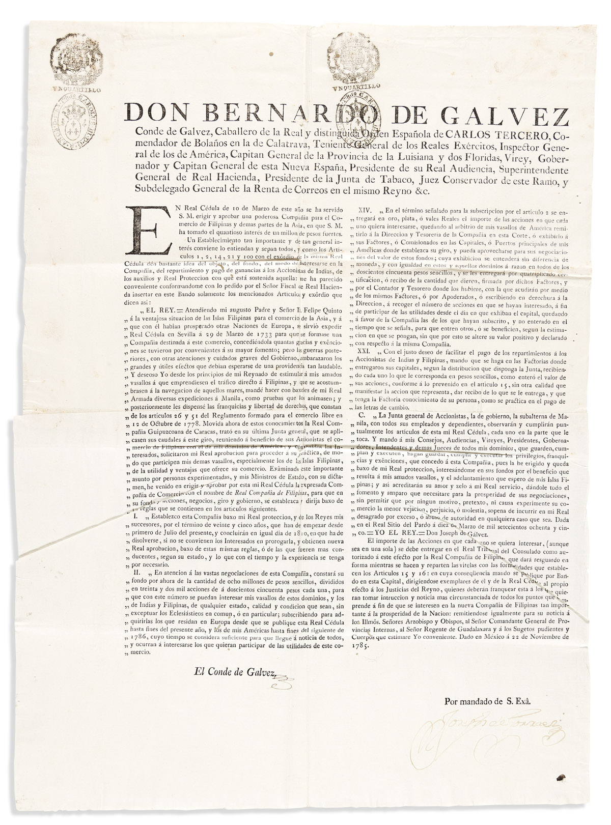 (MEXICAN IMPRINT--1785.) Bernardo de Gálvez. En real cédula de 10 de Marzo . . . aprobar una poderosa compañía para el comercio